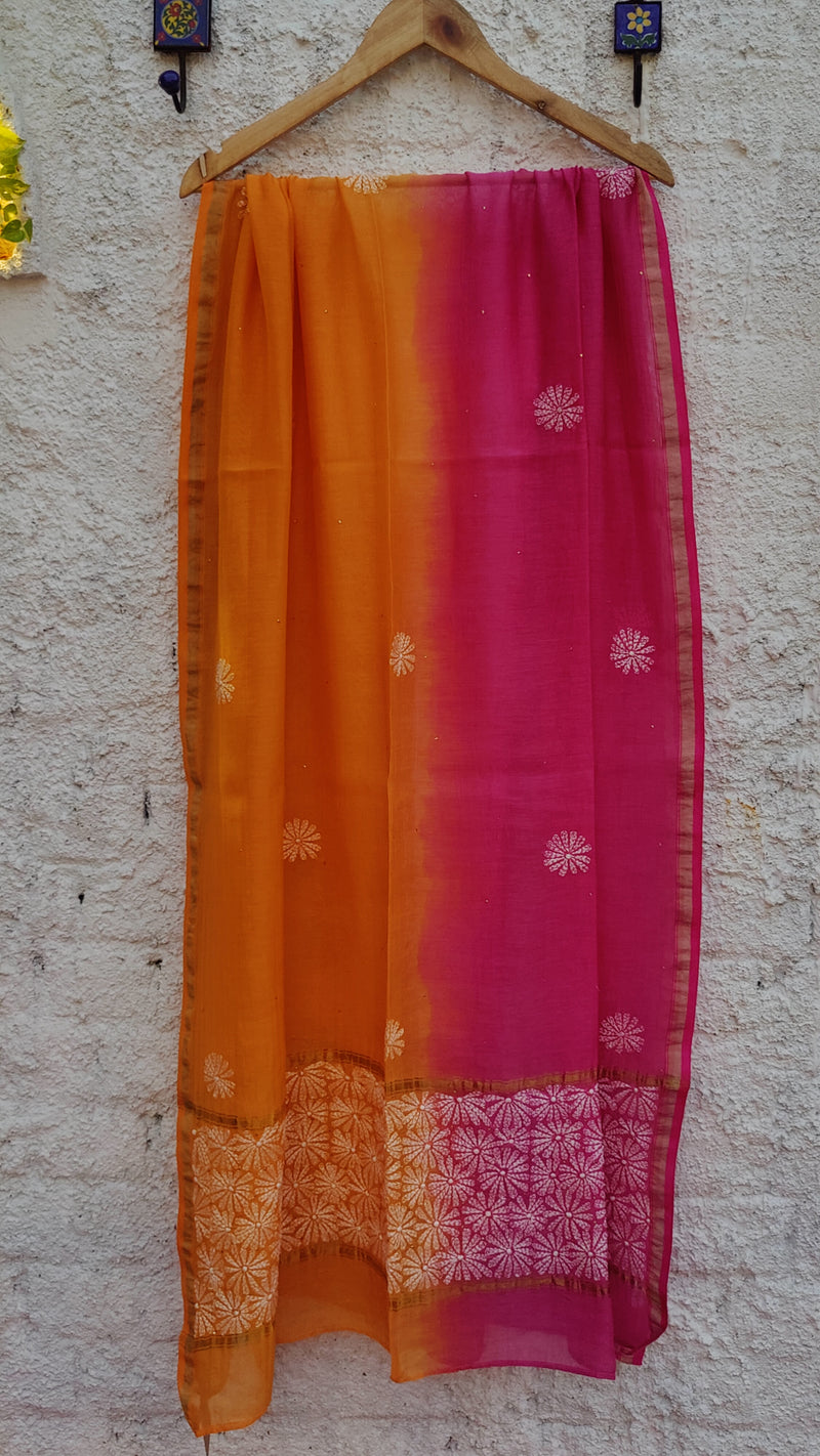 DOUBLE DYED CHANDERI DUPATTA WITH CHIKANKARI & MUKAISH - PINK & ORANGE