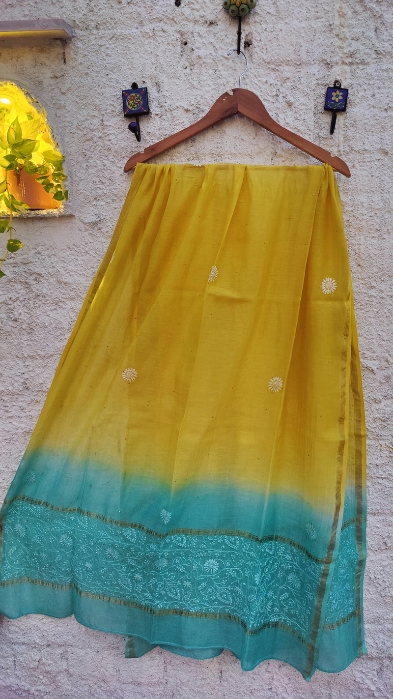 DOUBLE DYED CHANDERI DUPATTA WITH CHIKANKARI & MUKAISH - YELLOW & BLUE