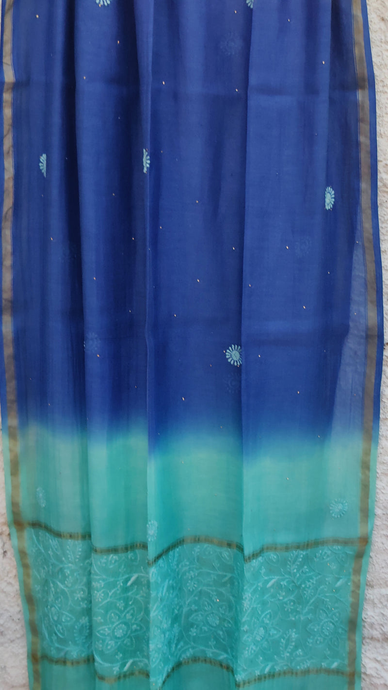 DOUBLE DYED CHANDERI DUPATTA WITH CHIKANKARI & MUKAISH - SHADES OF BLUE