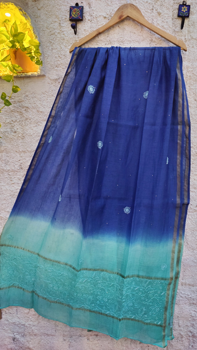 DOUBLE DYED CHANDERI DUPATTA WITH CHIKANKARI & MUKAISH - SHADES OF BLUE