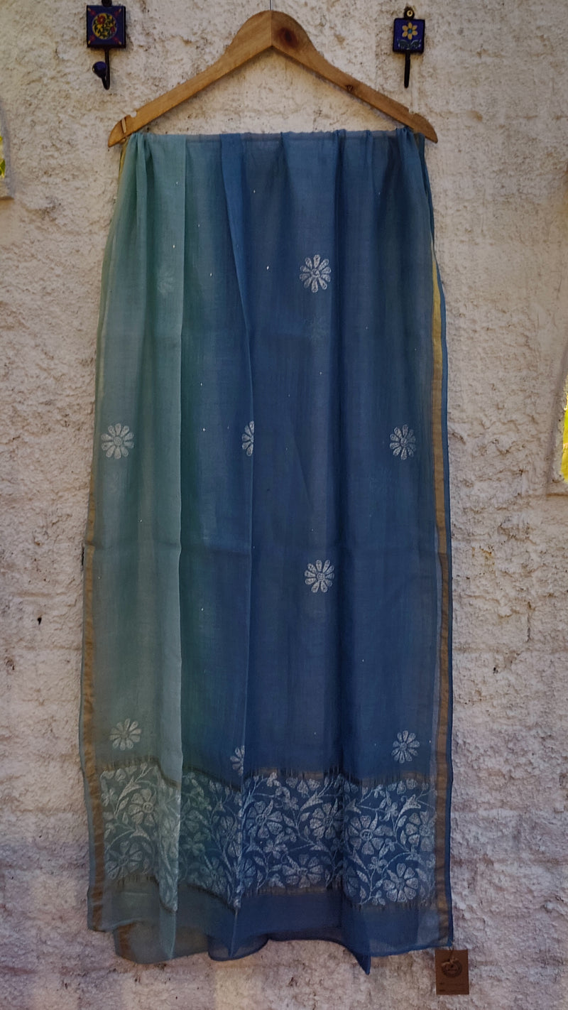 DOUBLE DYED CHANDERI DUPATTA WITH CHIKANKARI & MUKAISH - LIGHTER BLUE