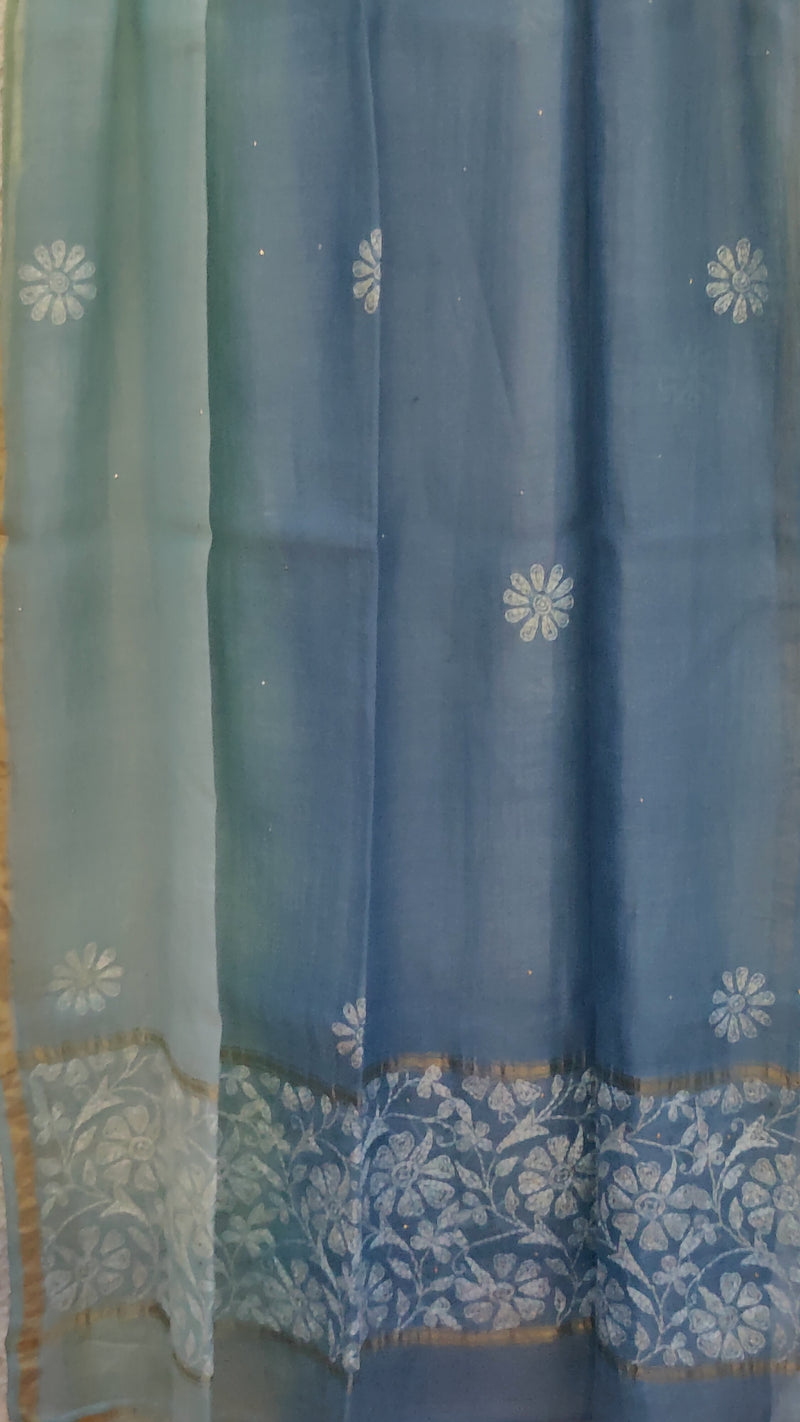 DOUBLE DYED CHANDERI DUPATTA WITH CHIKANKARI & MUKAISH - LIGHTER BLUE