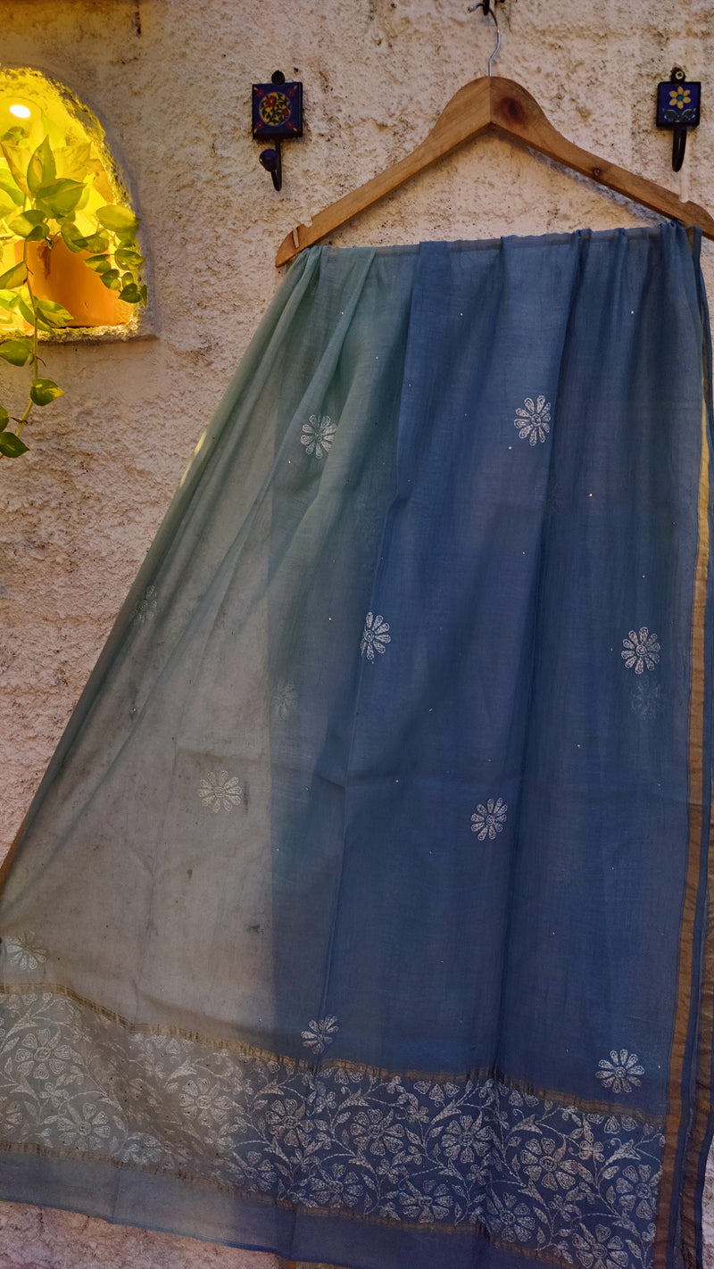 DOUBLE DYED CHANDERI DUPATTA WITH CHIKANKARI & MUKAISH - LIGHTER BLUE