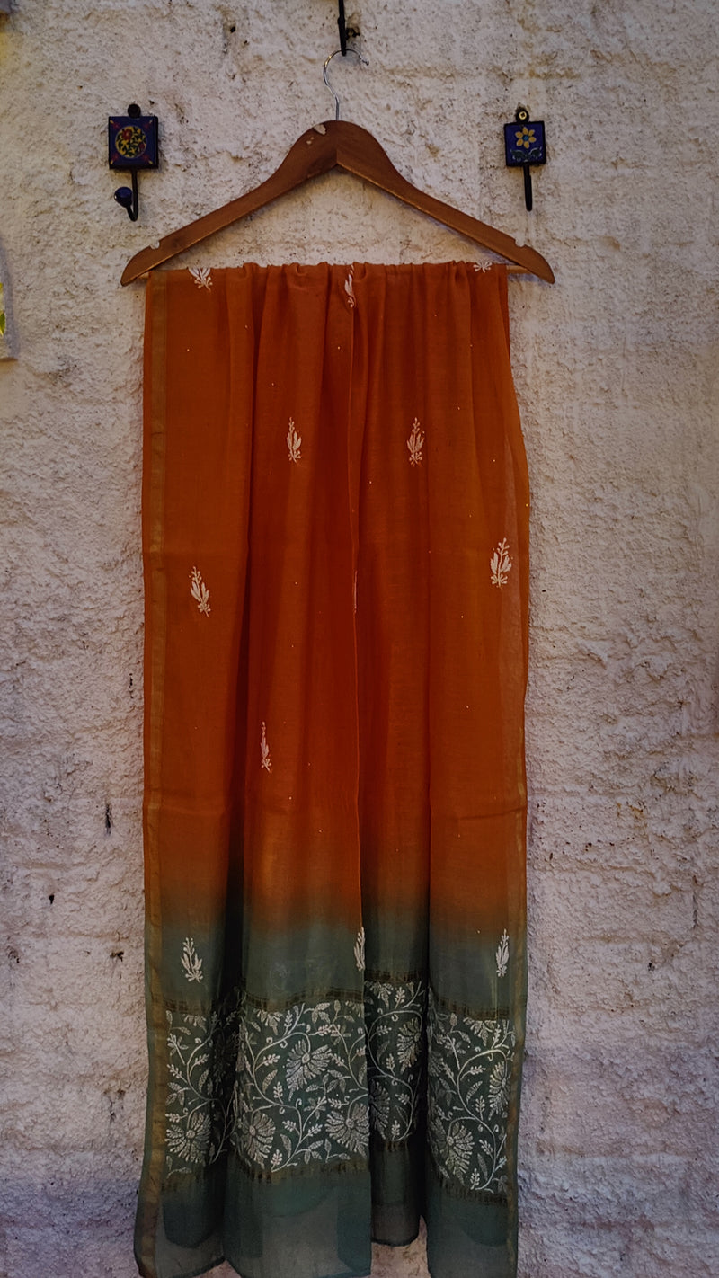 DOUBLE DYED CHANDERI DUPATTA WITH CHIKANKARI & MUKAISH - ORANGE & SAGE GREEN