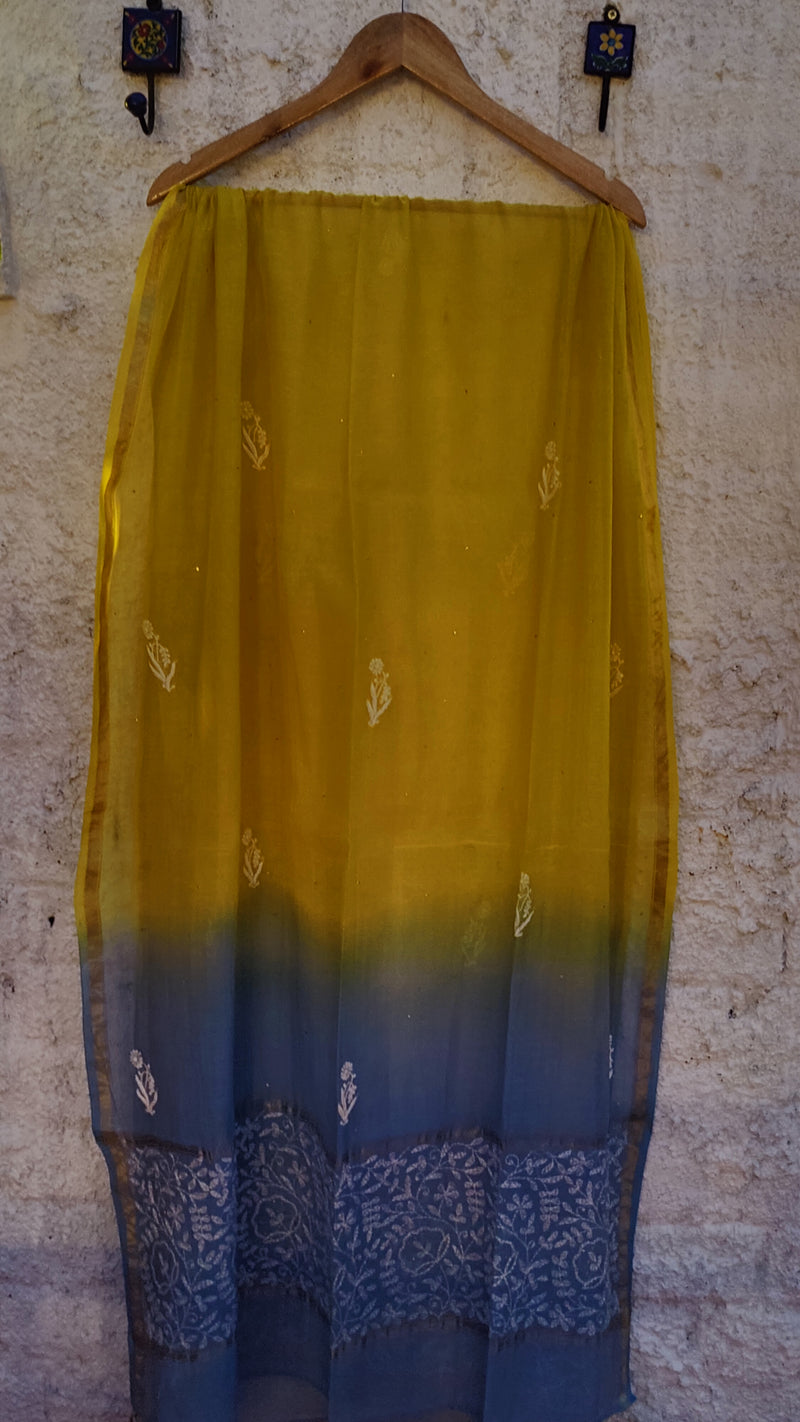 DOUBLE DYED CHANDERI DUPATTA WITH CHIKANKARI & MUKAISH - YELLOW & BLUE