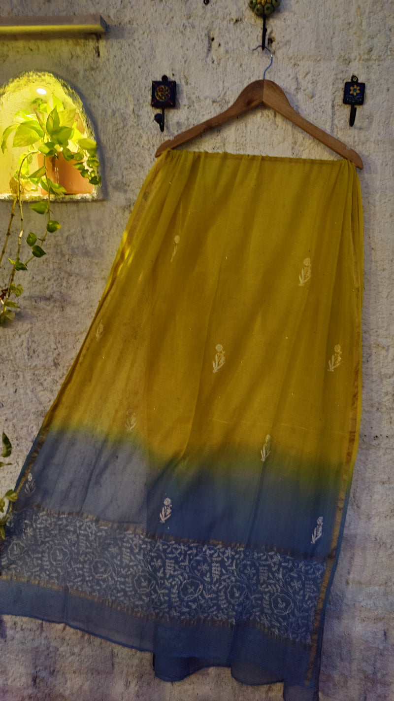 DOUBLE DYED CHANDERI DUPATTA WITH CHIKANKARI & MUKAISH - YELLOW & BLUE