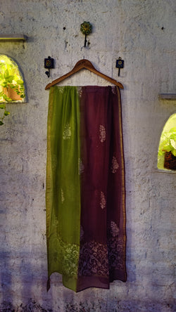 DOUBLE DYED CHANDERI DUPATTA WITH CHIKANKARI & MUKAISH - WINE & GREEN