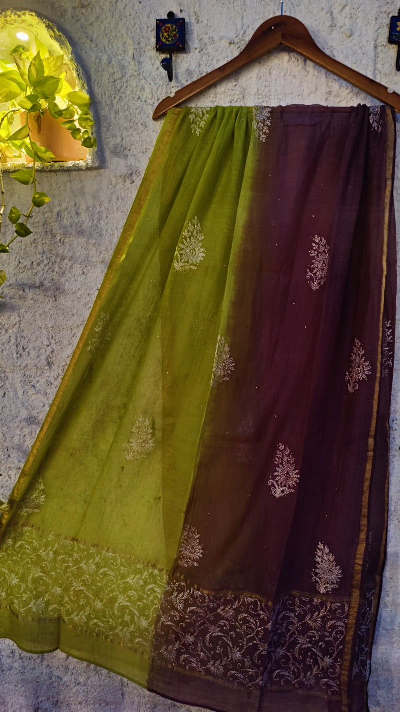 DOUBLE DYED CHANDERI DUPATTA WITH CHIKANKARI & MUKAISH - WINE & GREEN