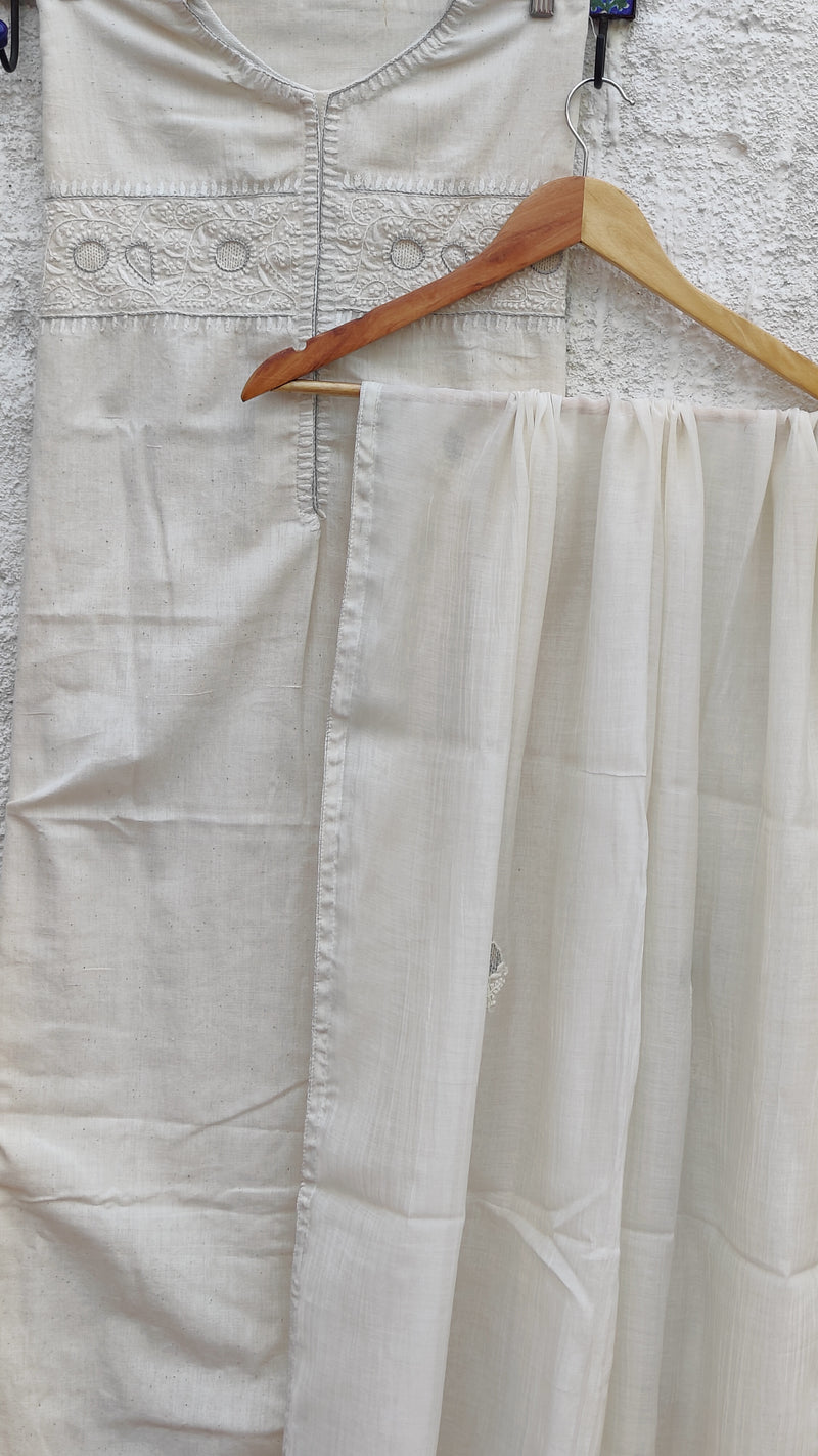 OFF WHITE MALKHA WITH CHIKANKARI & JAALI WORK - MUL CHANDERI DUPATTA