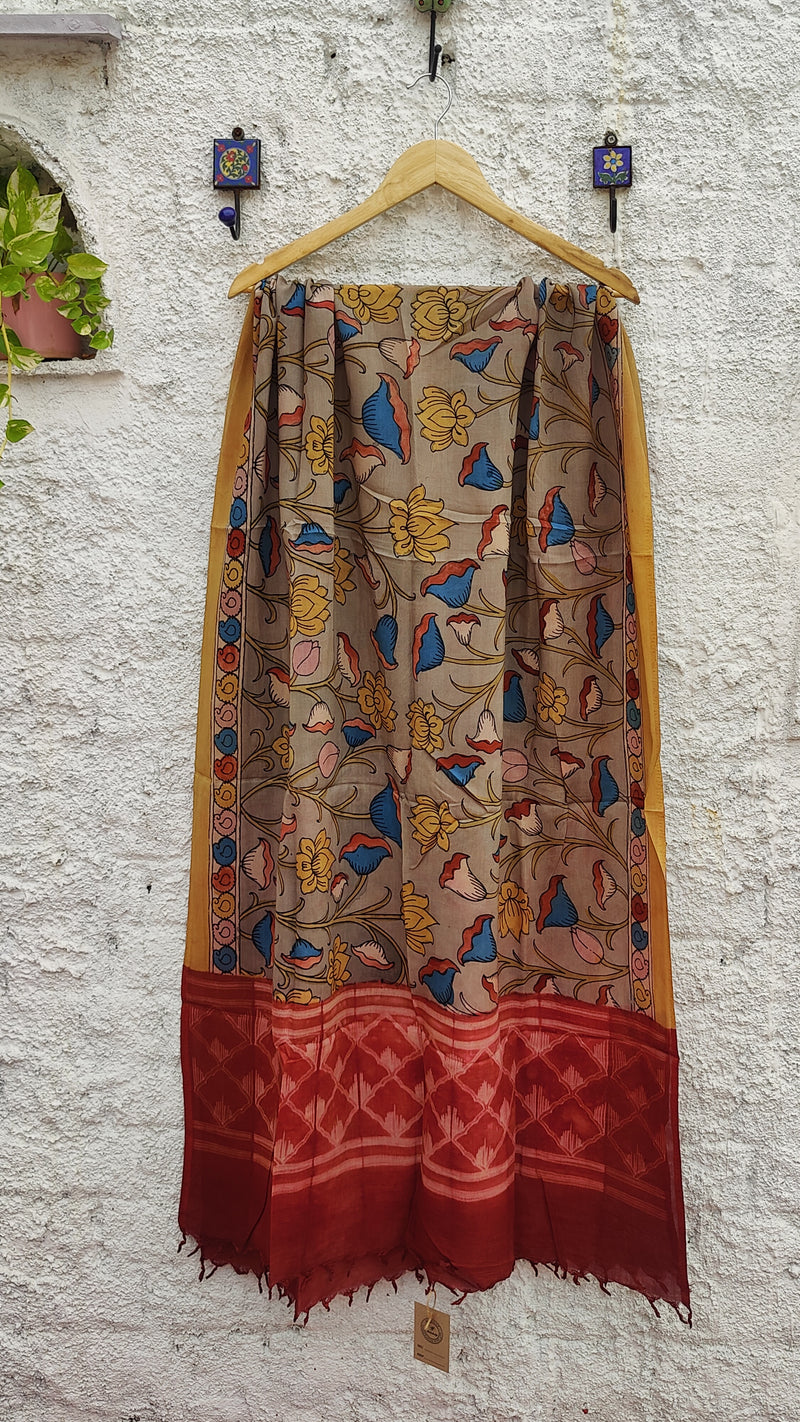 RUST WITH MUSTARD CHENNURI SILK KALAMKARI WITH SHIBORI DUPATTA