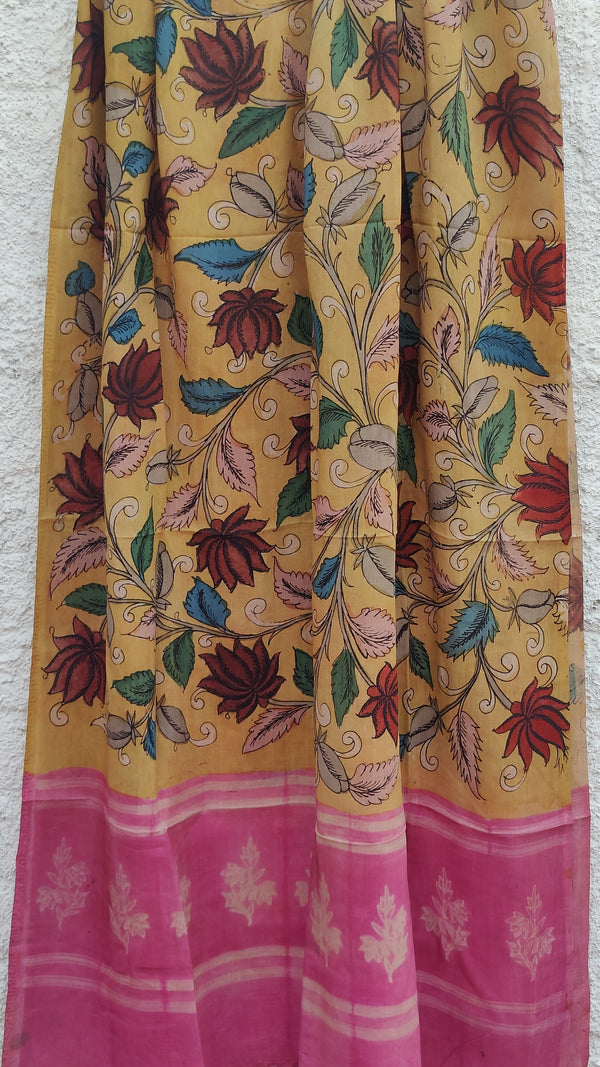 PINK WITH YELLOW CHENNURI SILK KALAMKARI WITH SHIBORI DUPATTA