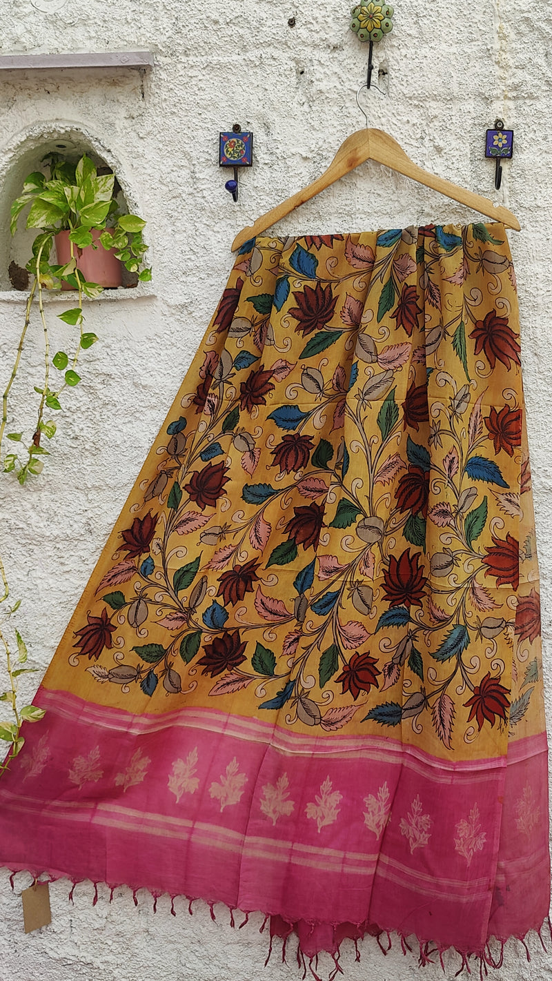 PINK WITH YELLOW CHENNURI SILK KALAMKARI WITH SHIBORI DUPATTA