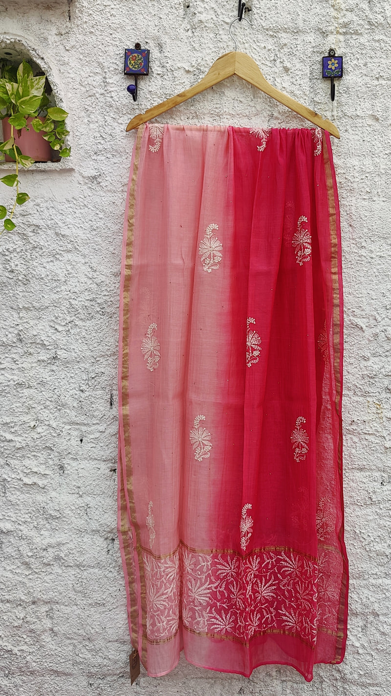 DOUBLE DYED CHANDERI DUPATTA WITH CHIKANKARI & MUKAISH - SHADES OF PINK