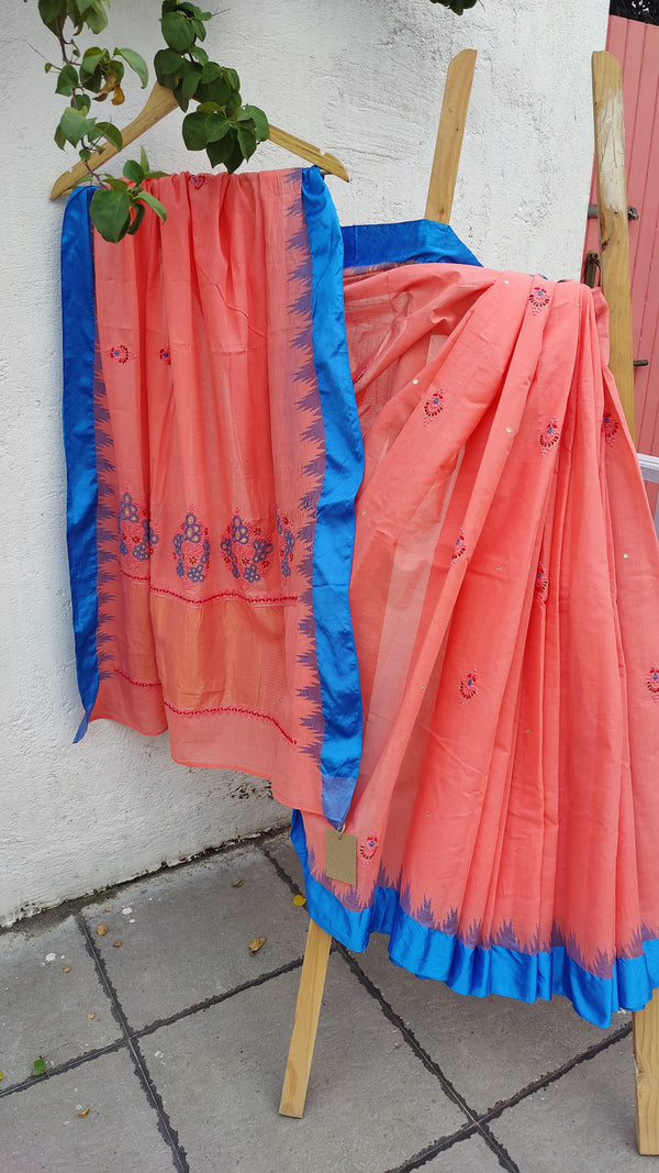 DARK PEACH PUNDURU COTTON SAREE WITH CHIKANKARI