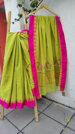 LIME GREEN PUNDURU COTTON SAREE WITH CHIKANKARI