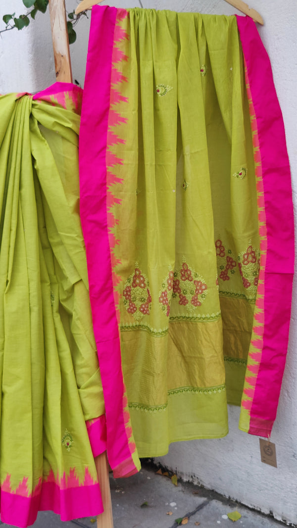 LIME GREEN PUNDURU COTTON SAREE WITH CHIKANKARI