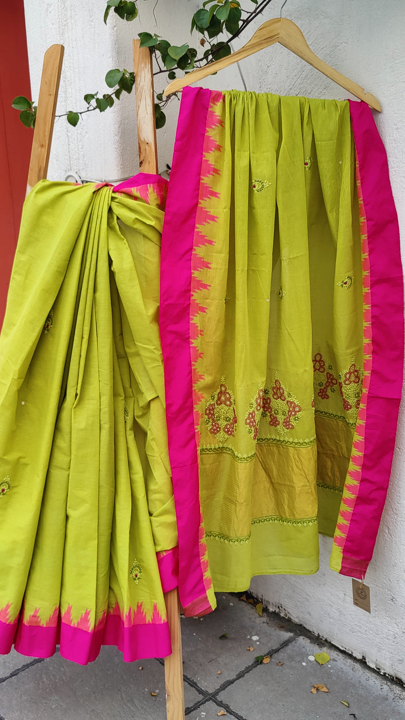 LIME GREEN PUNDURU COTTON SAREE WITH CHIKANKARI