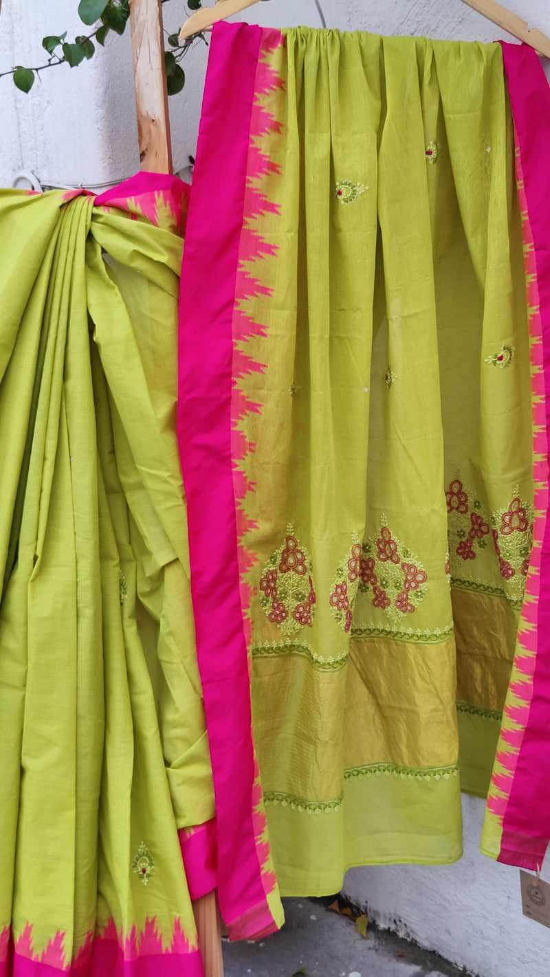 LIME GREEN PUNDURU COTTON SAREE WITH CHIKANKARI