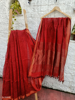 FIRE BRICK RED LINEN SAREE WITH BLOUSE