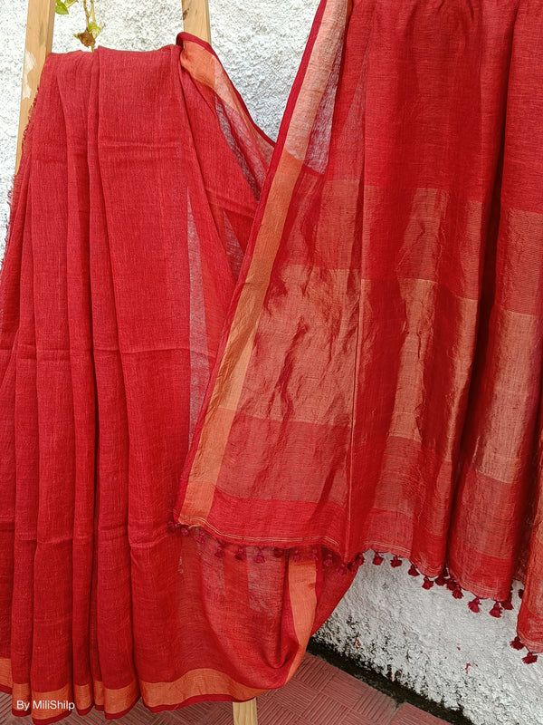 FIRE BRICK RED LINEN SAREE WITH BLOUSE