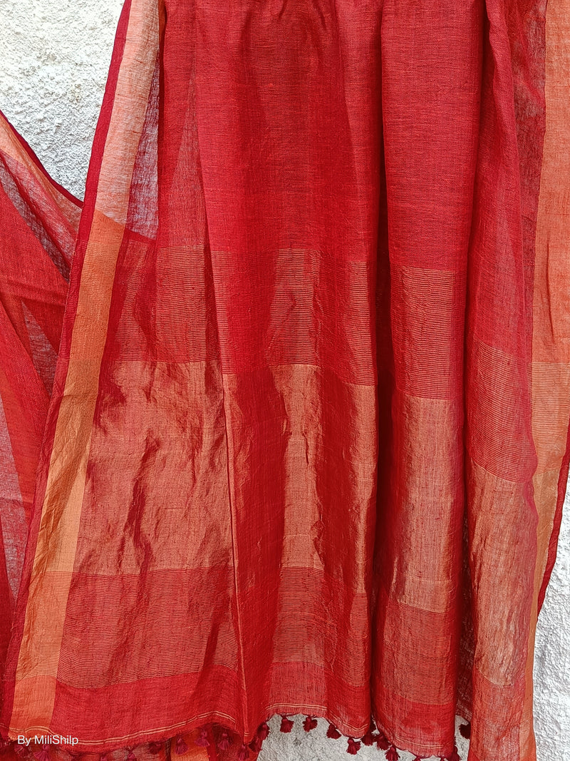 FIRE BRICK RED LINEN SAREE WITH BLOUSE