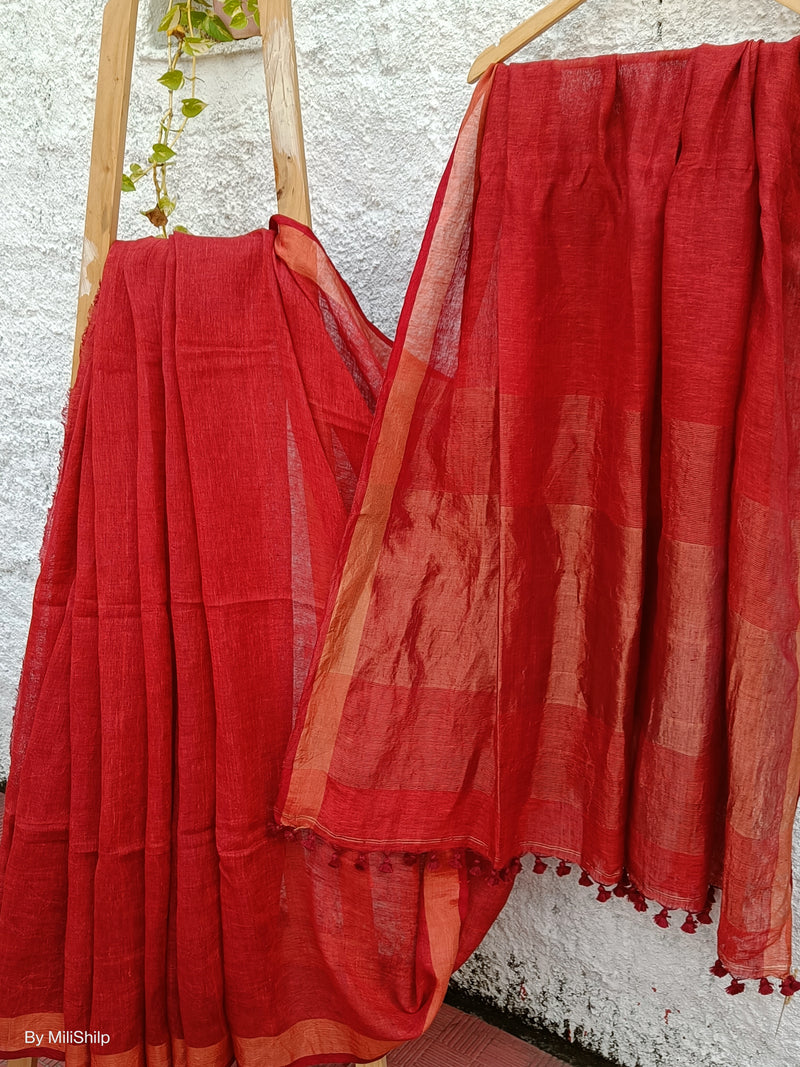 FIRE BRICK RED LINEN SAREE WITH BLOUSE