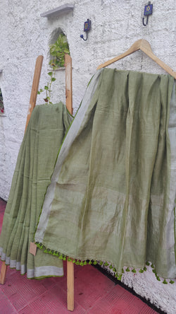 PARAKEET GREEN LINEN SAREE WITH BLOUSE