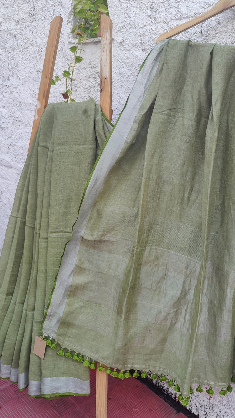 PARAKEET GREEN LINEN SAREE WITH BLOUSE