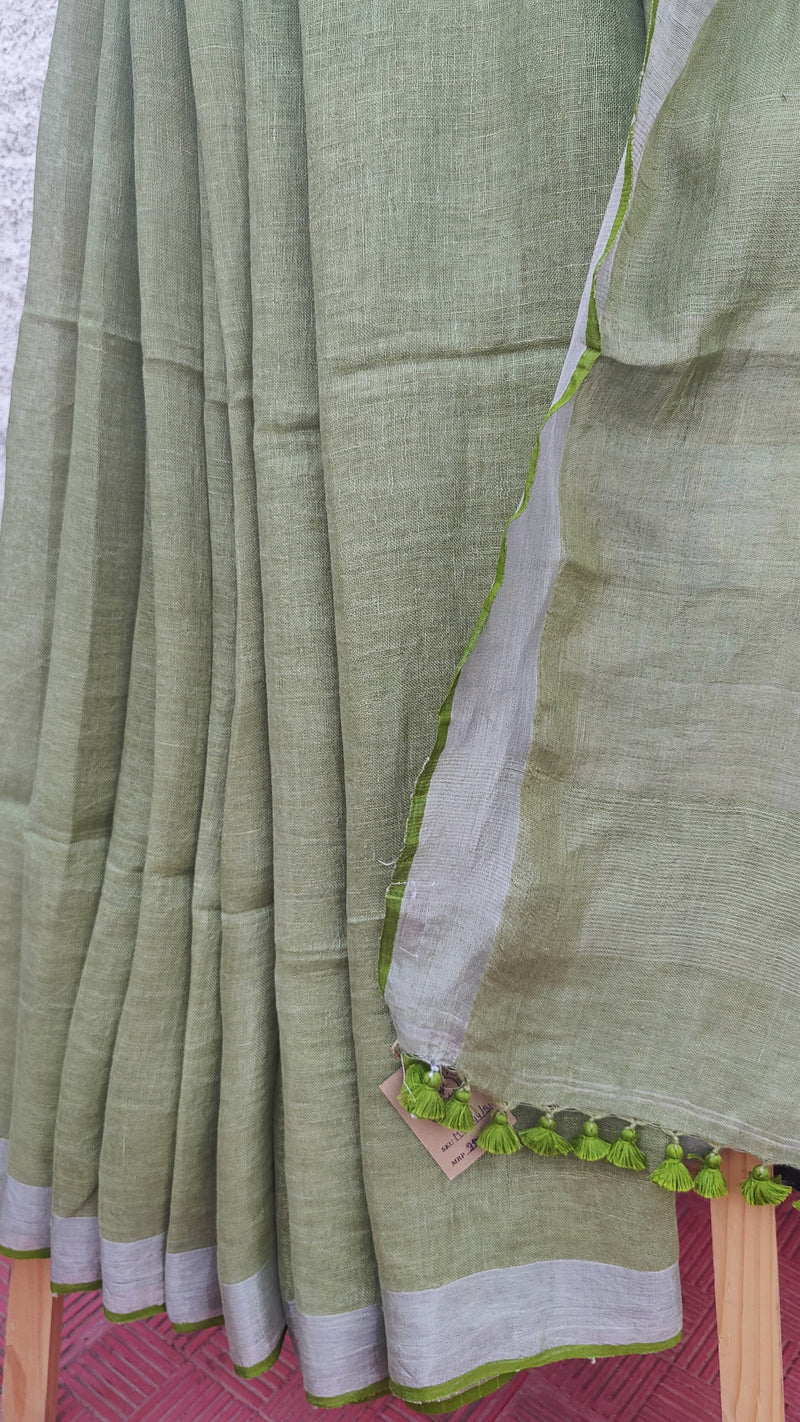 PARAKEET GREEN LINEN SAREE WITH BLOUSE