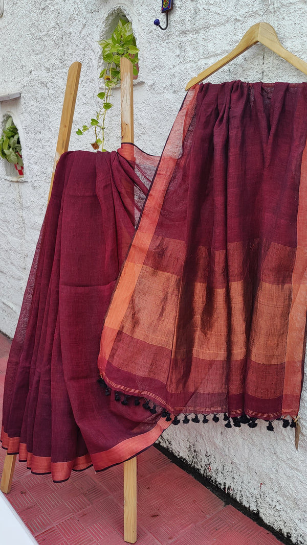 MAHOGANY RED LINEN SAREE WITH BLOUSE