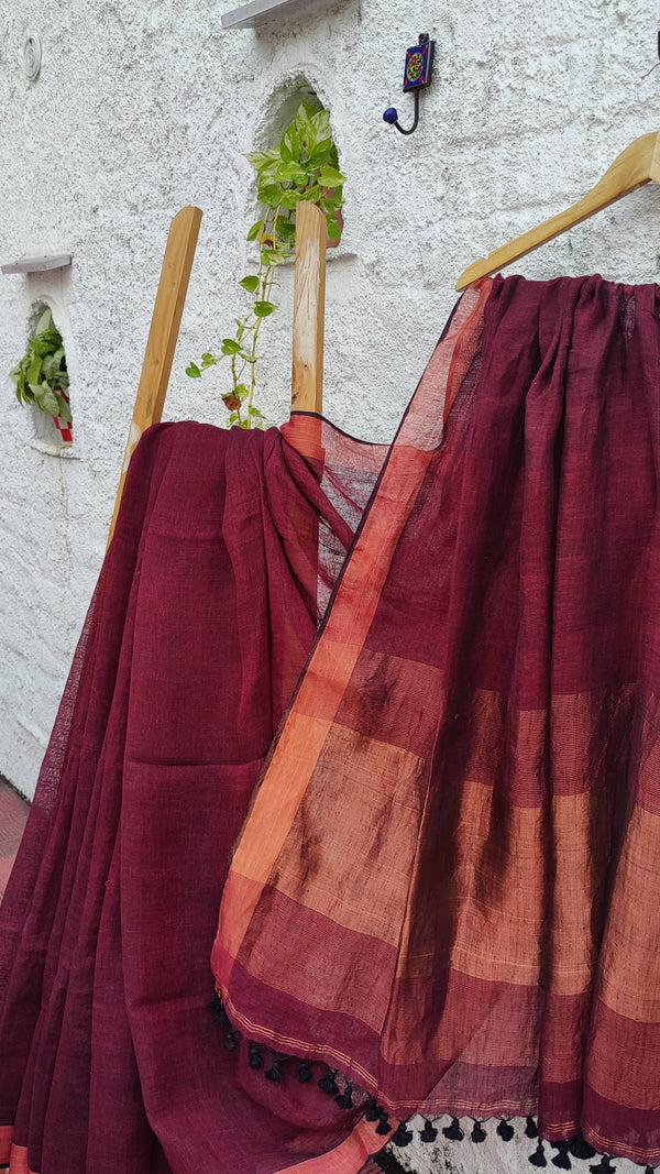 MAHOGANY RED LINEN SAREE WITH BLOUSE