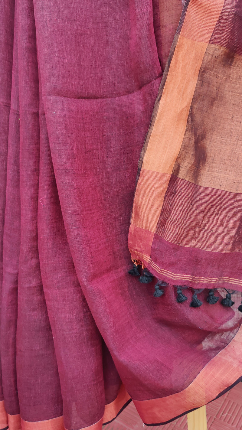 MAHOGANY RED LINEN SAREE WITH BLOUSE