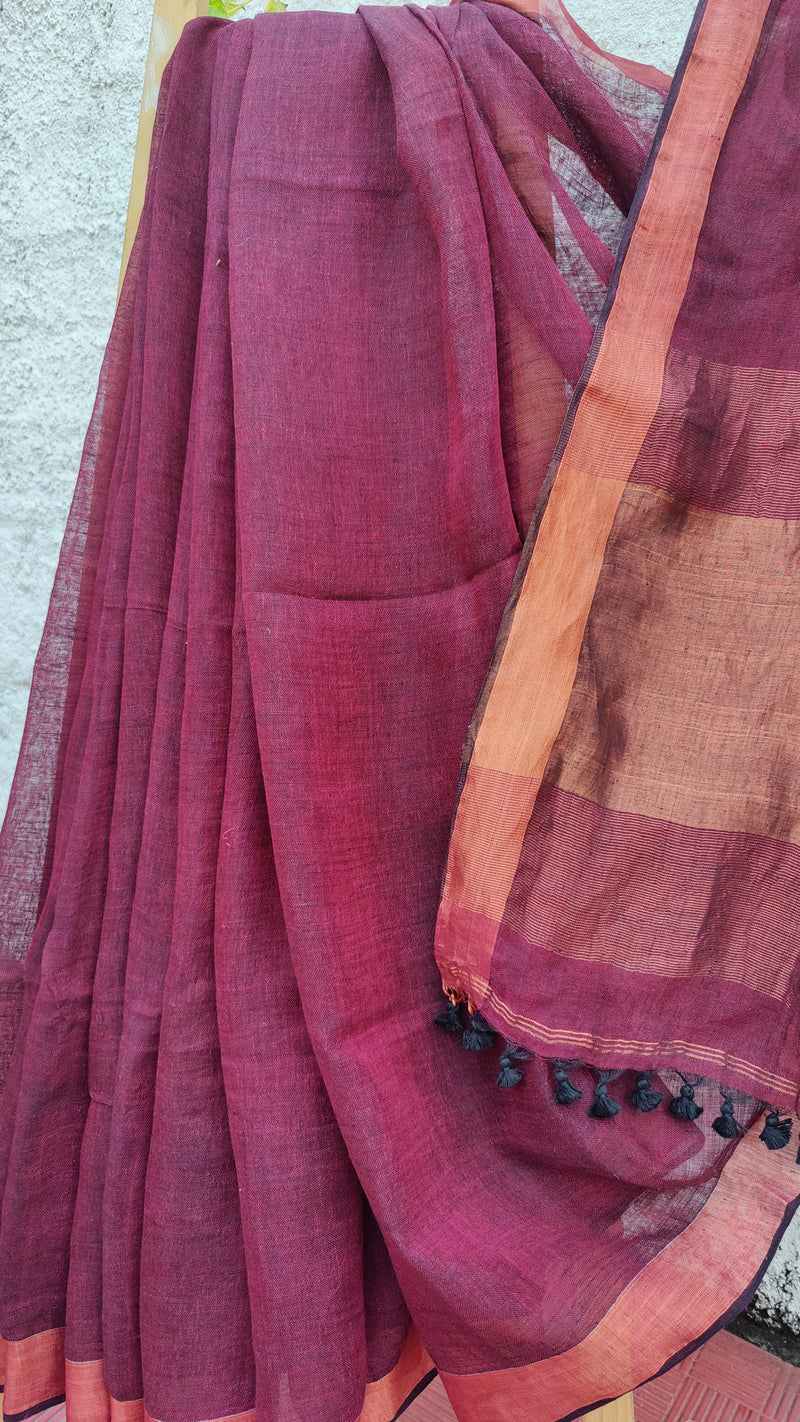 MAHOGANY RED LINEN SAREE WITH BLOUSE