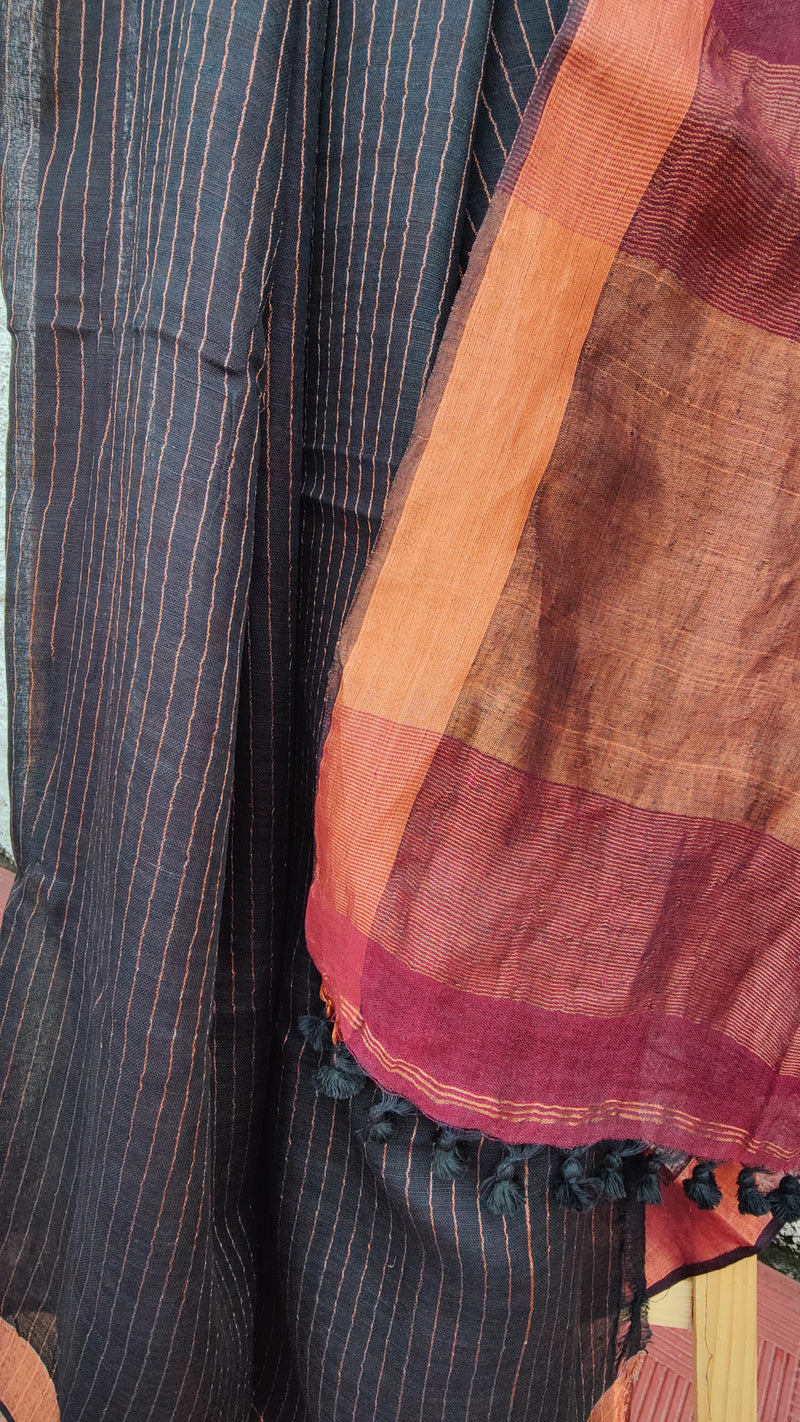 MAHOGANY RED LINEN SAREE WITH BLOUSE