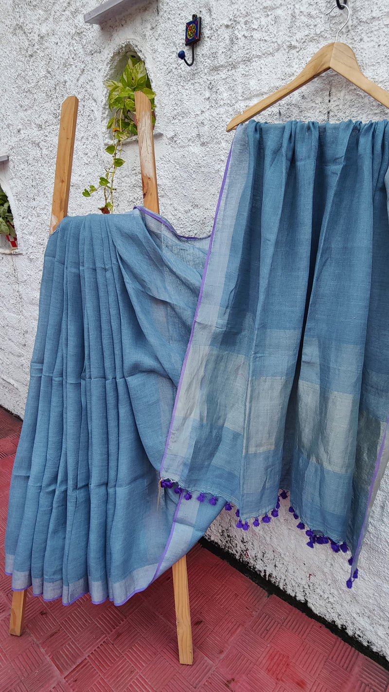 SKY BLUE LINEN SAREE WITH BLOUSE