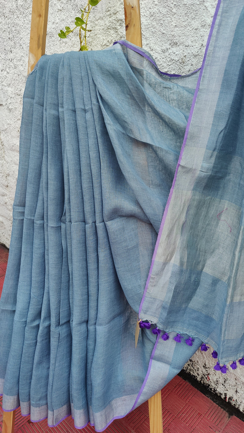 SKY BLUE LINEN SAREE WITH BLOUSE