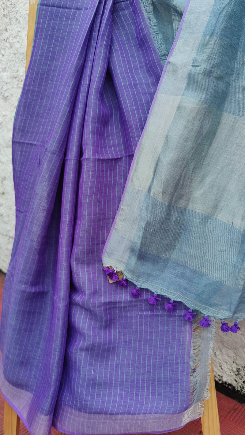 SKY BLUE LINEN SAREE WITH BLOUSE