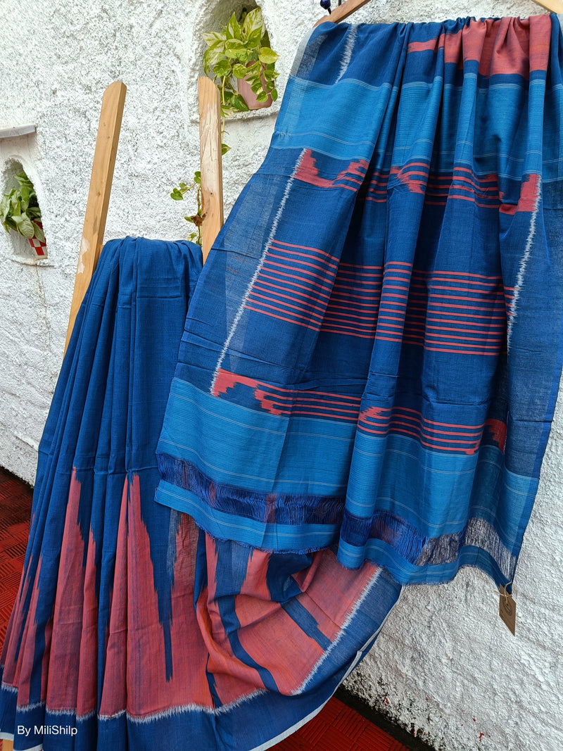 COBALT BLUE IKKAT COTTON SAREE WITH BLOUSE