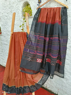 BURNT UMBER IKKAT COTTON SAREE WITH BLOUSE