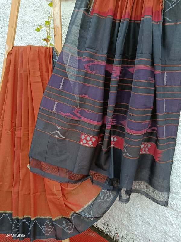 BURNT UMBER IKKAT COTTON SAREE WITH BLOUSE