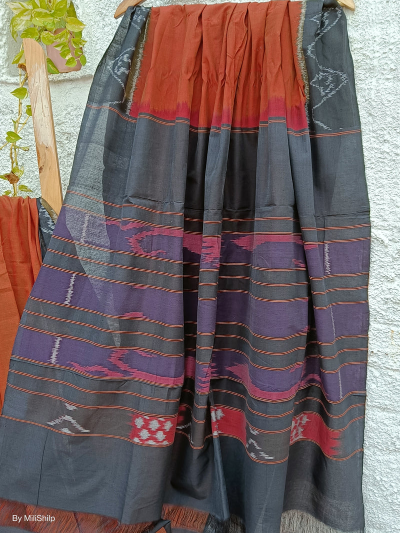 BURNT UMBER IKKAT COTTON SAREE WITH BLOUSE