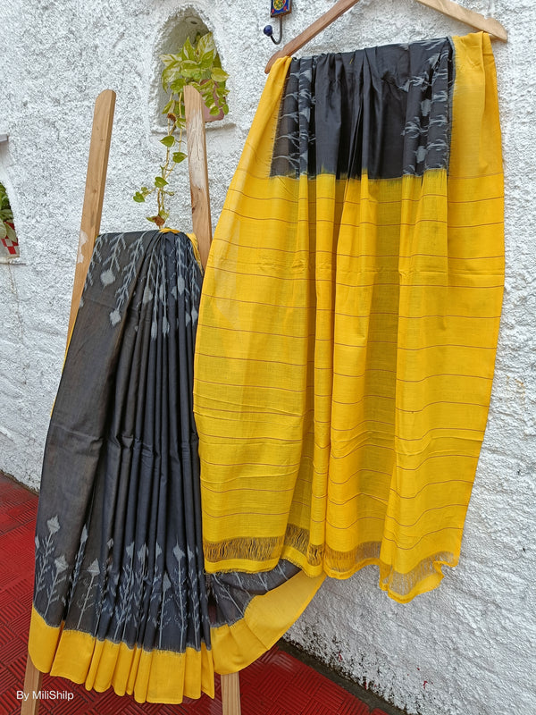 BLACK WITH YELLOW IKKAT COTTON SAREE WITH BLOUSE