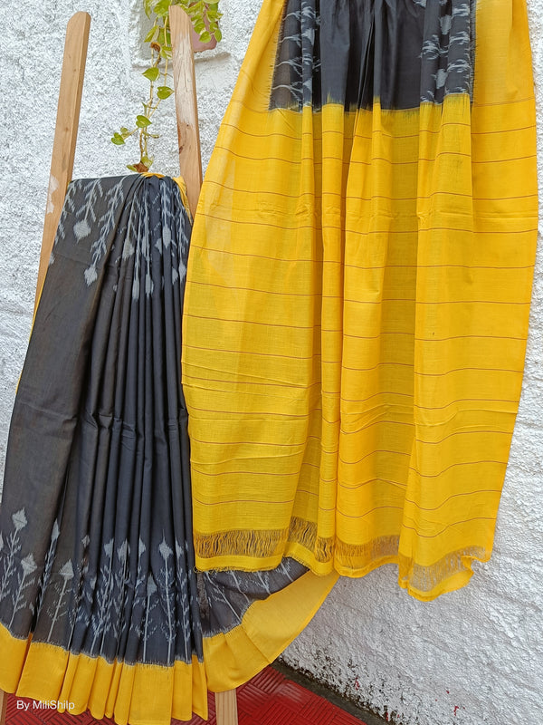 BLACK WITH YELLOW IKKAT COTTON SAREE WITH BLOUSE