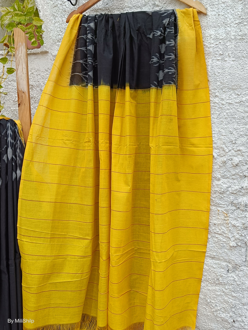 BLACK WITH YELLOW IKKAT COTTON SAREE WITH BLOUSE