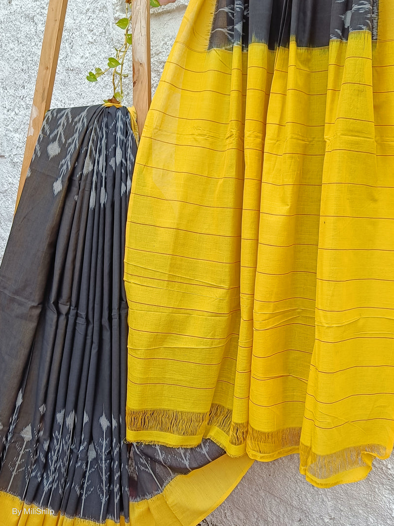 BLACK WITH YELLOW IKKAT COTTON SAREE WITH BLOUSE