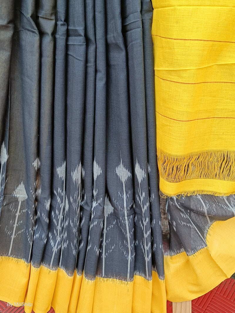 BLACK WITH YELLOW IKKAT COTTON SAREE WITH BLOUSE