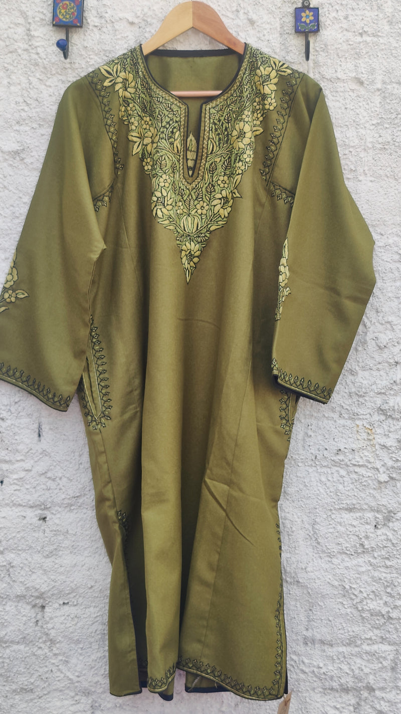 OLIVE GREEN FIRAN WITH HAND EMBROIDERY