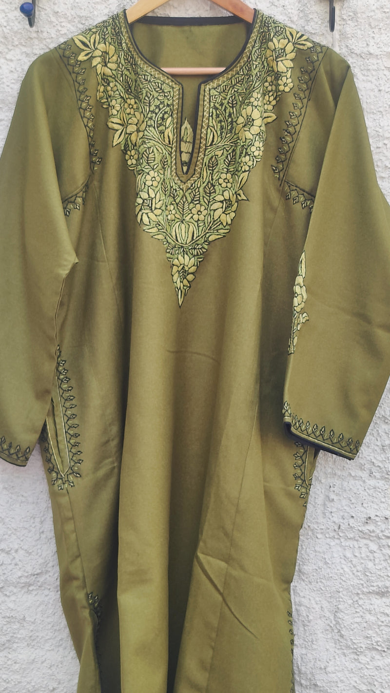 OLIVE GREEN FIRAN WITH HAND EMBROIDERY