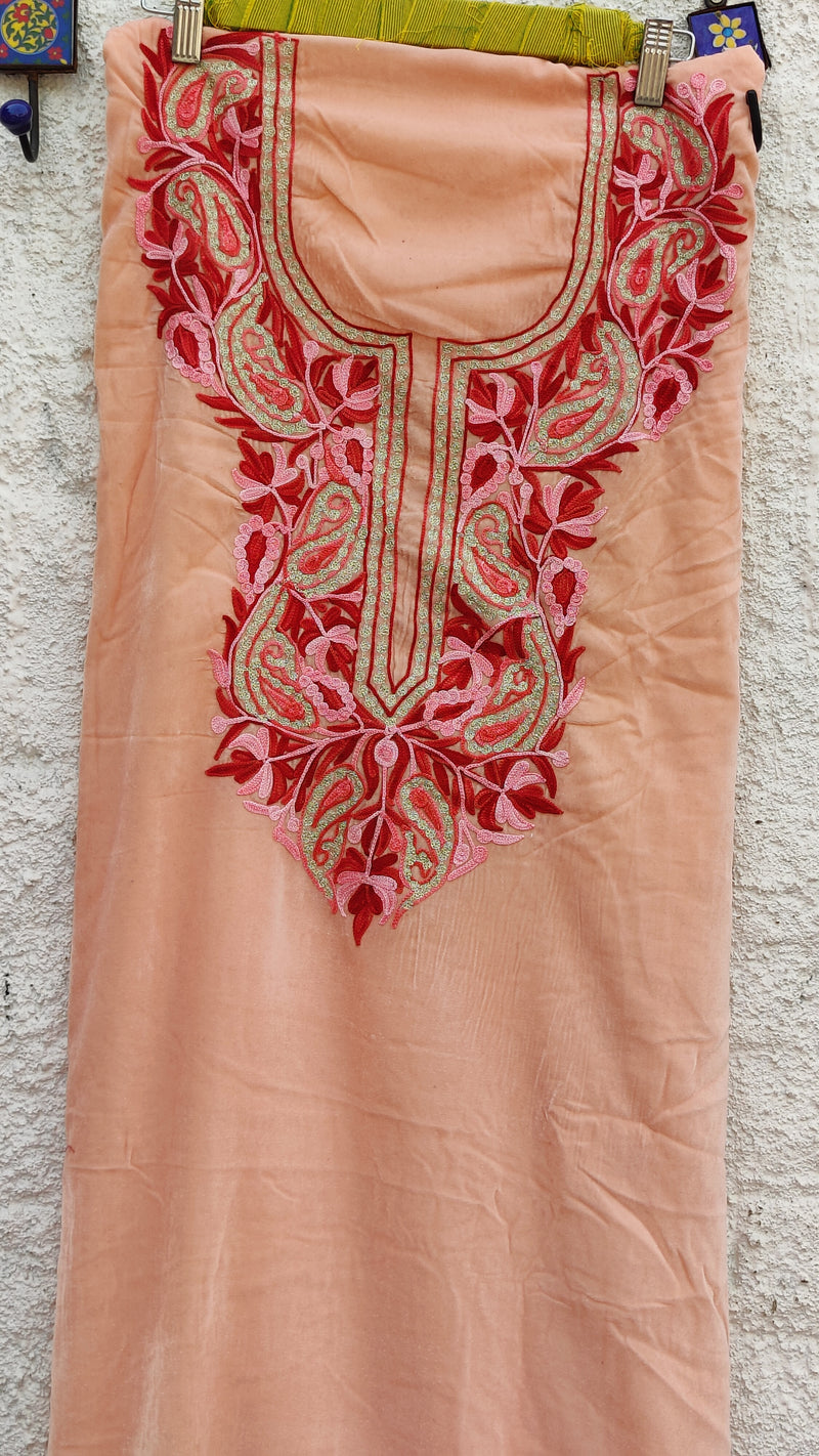 PEACH COLOUR VELVET KURTA WITH THREAD & TILLA WORK ALONG WITH SHAWL