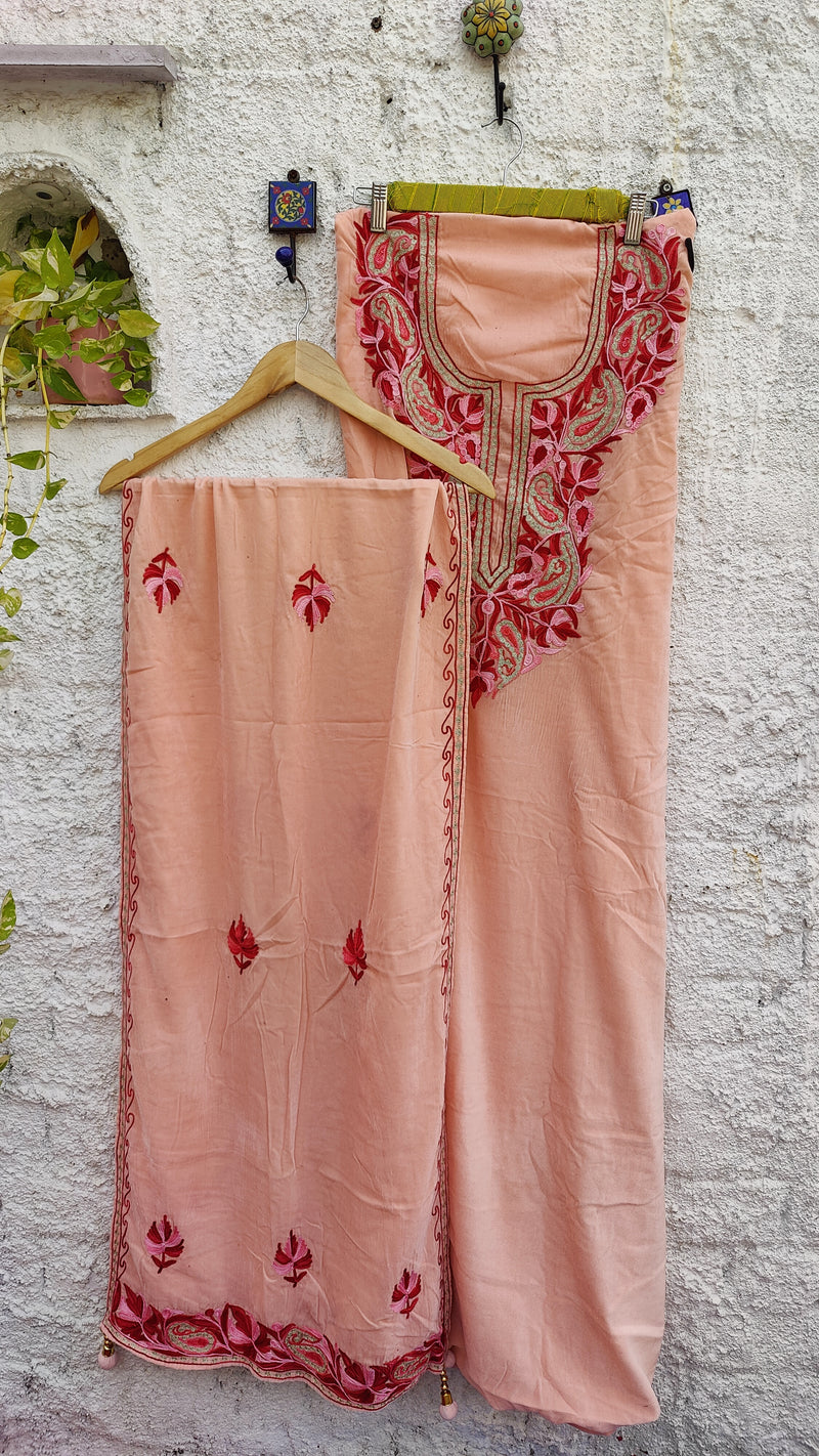 PEACH COLOUR VELVET KURTA WITH THREAD & TILLA WORK ALONG WITH SHAWL